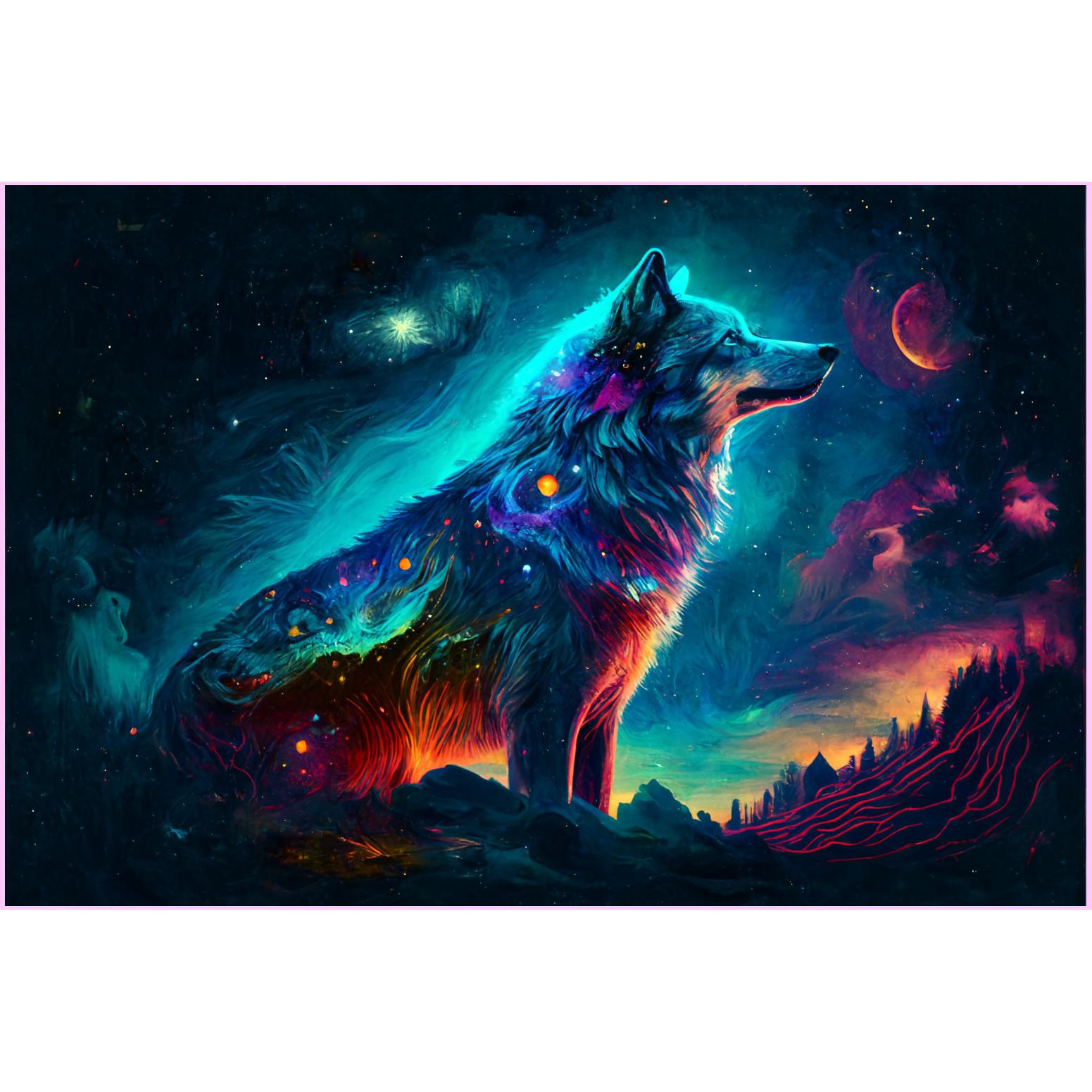 Cosmic Wolf in the Starry Sky — Diamond Painting Kit