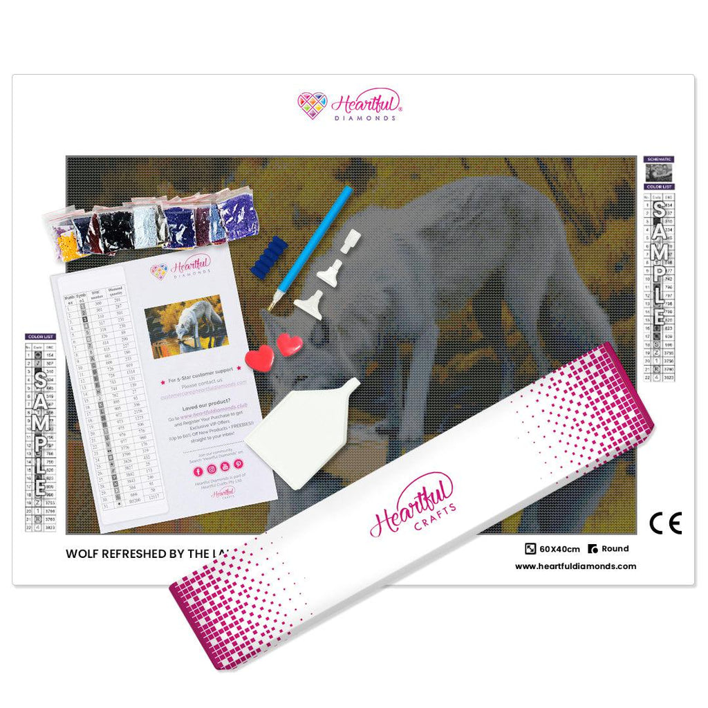 Wolf Refreshed by the Lake — Diamond Painting Kit