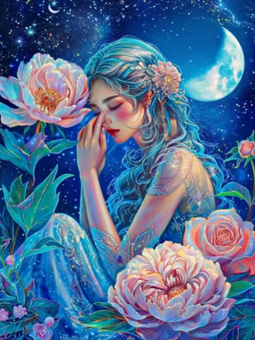 Moonlit Bloom (4FD+3AB+2Metallic Drills) — Diamond Painting Kit