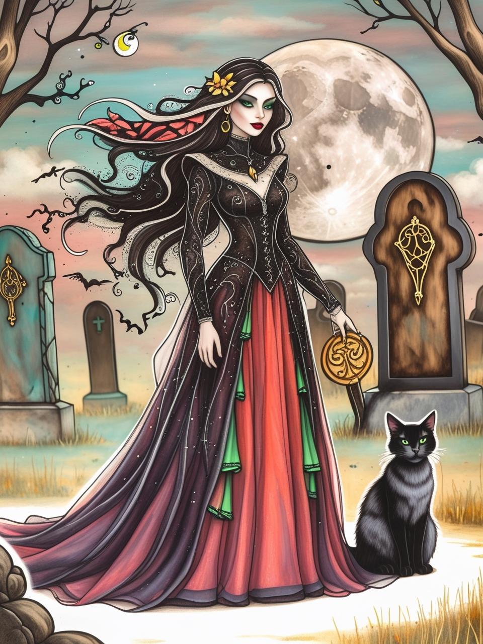 Moonlit Witch & Midnight Cat (4FD + 3AB) — Diamond Painting Kit